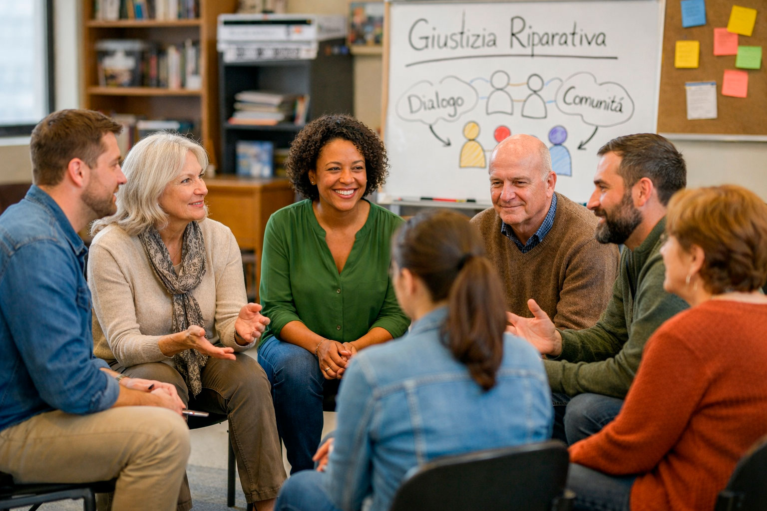 Persone riunite in un momento di dialogo e confronto in un contesto di giustizia riparativa nelle comunità