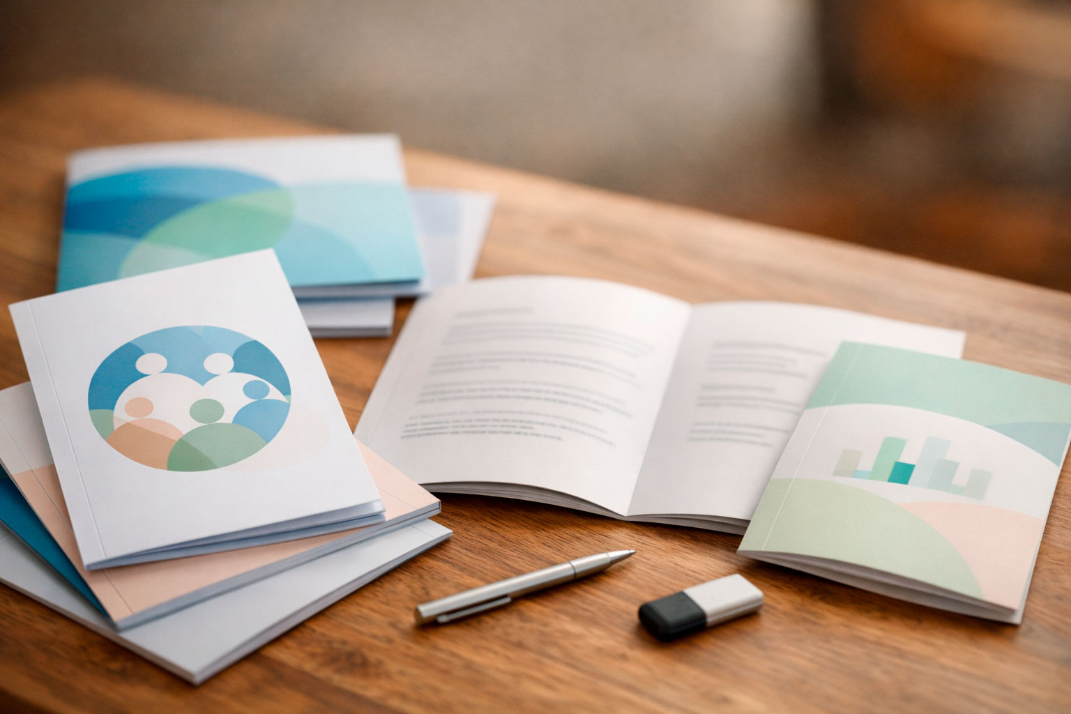 Materiali informativi sulla giustizia riparativa disposti su un tavolo, con brochure e documenti del progetto